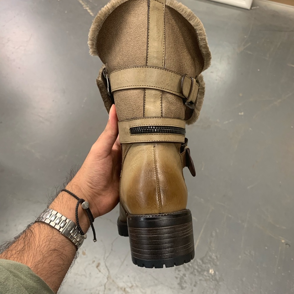 Women’s Faux Fur Lined Zipper and Buckle Detail Boots in Beige Faux Leather - Picture 9 of 16